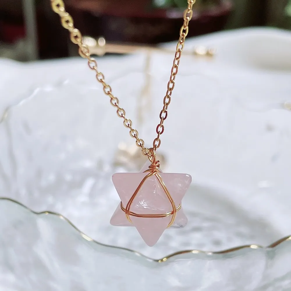 Merkaba Crystal Stone Pendant Necklace, Steel Chain