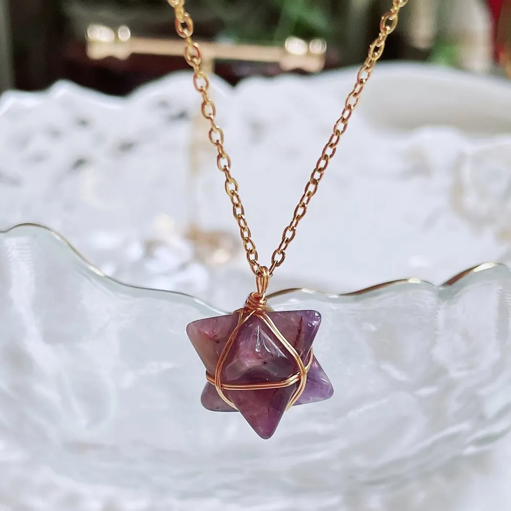 Merkaba Crystal Stone Pendant Necklace, Steel Chain