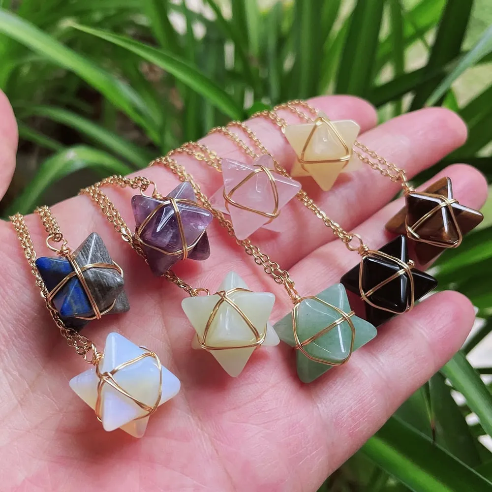 Merkaba Crystal Stone Pendant Necklace, Steel Chain