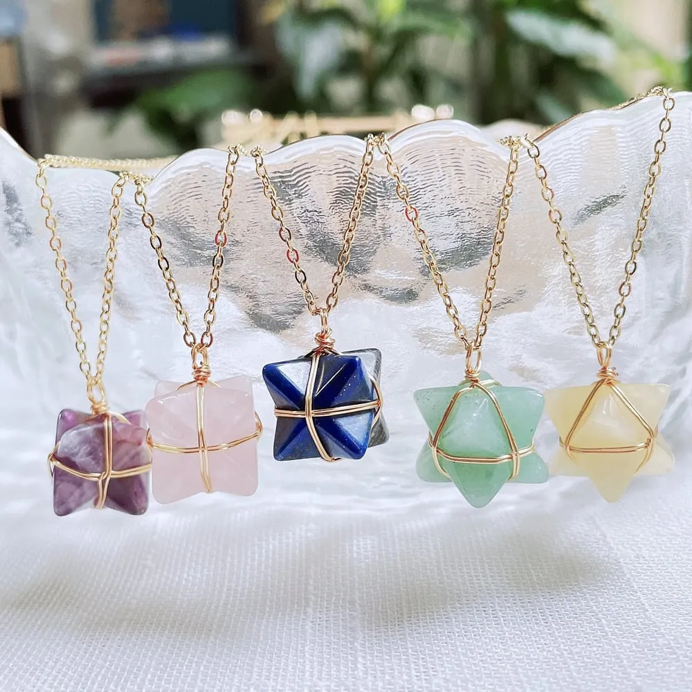 Merkaba Crystal Stone Pendant Necklace, Steel Chain