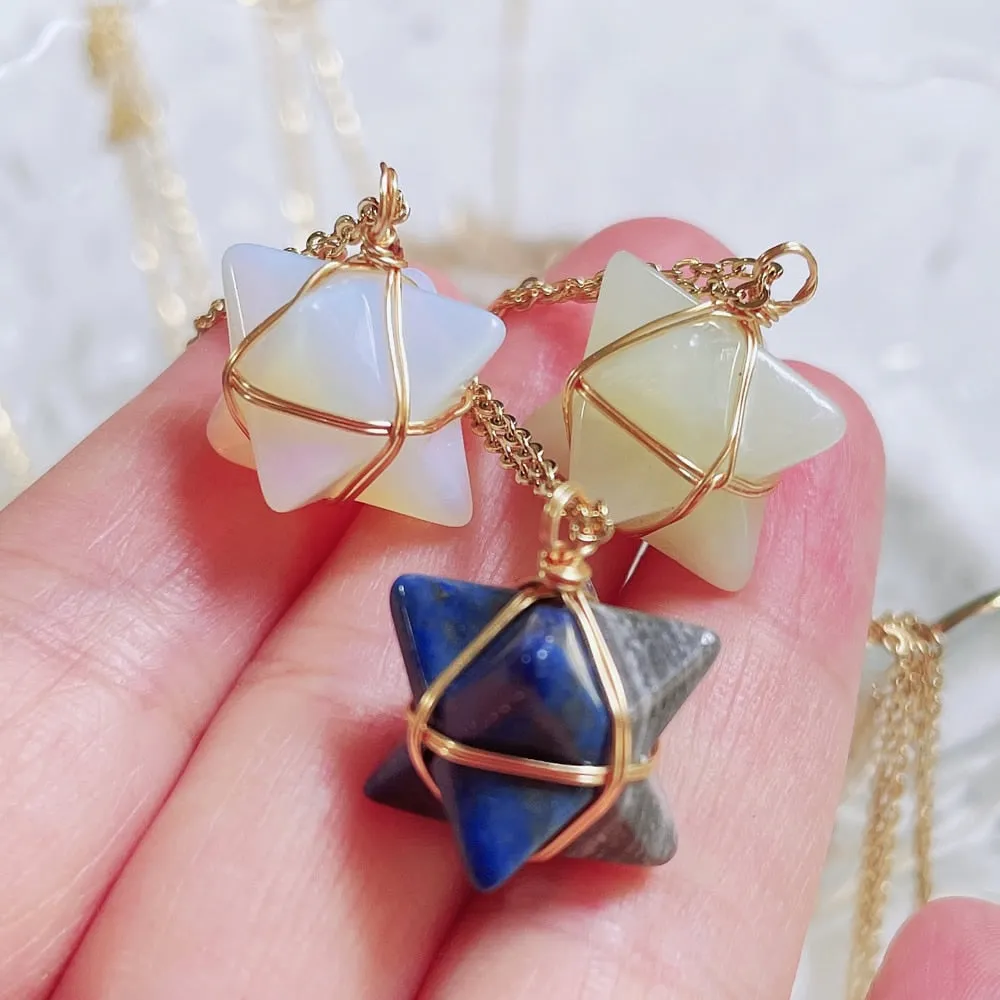 Merkaba Crystal Stone Pendant Necklace, Steel Chain