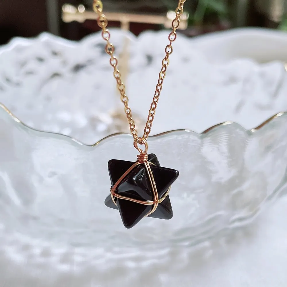Merkaba Crystal Stone Pendant Necklace, Steel Chain