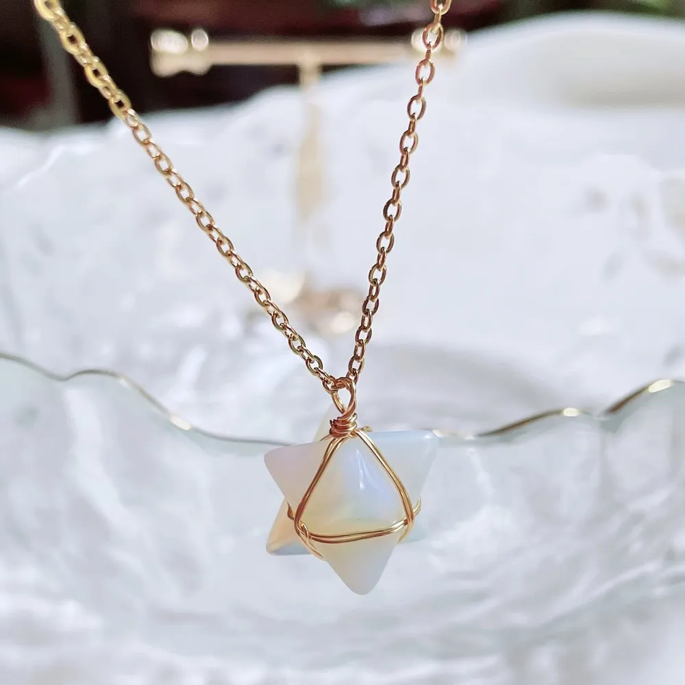 Merkaba Crystal Stone Pendant Necklace, Steel Chain