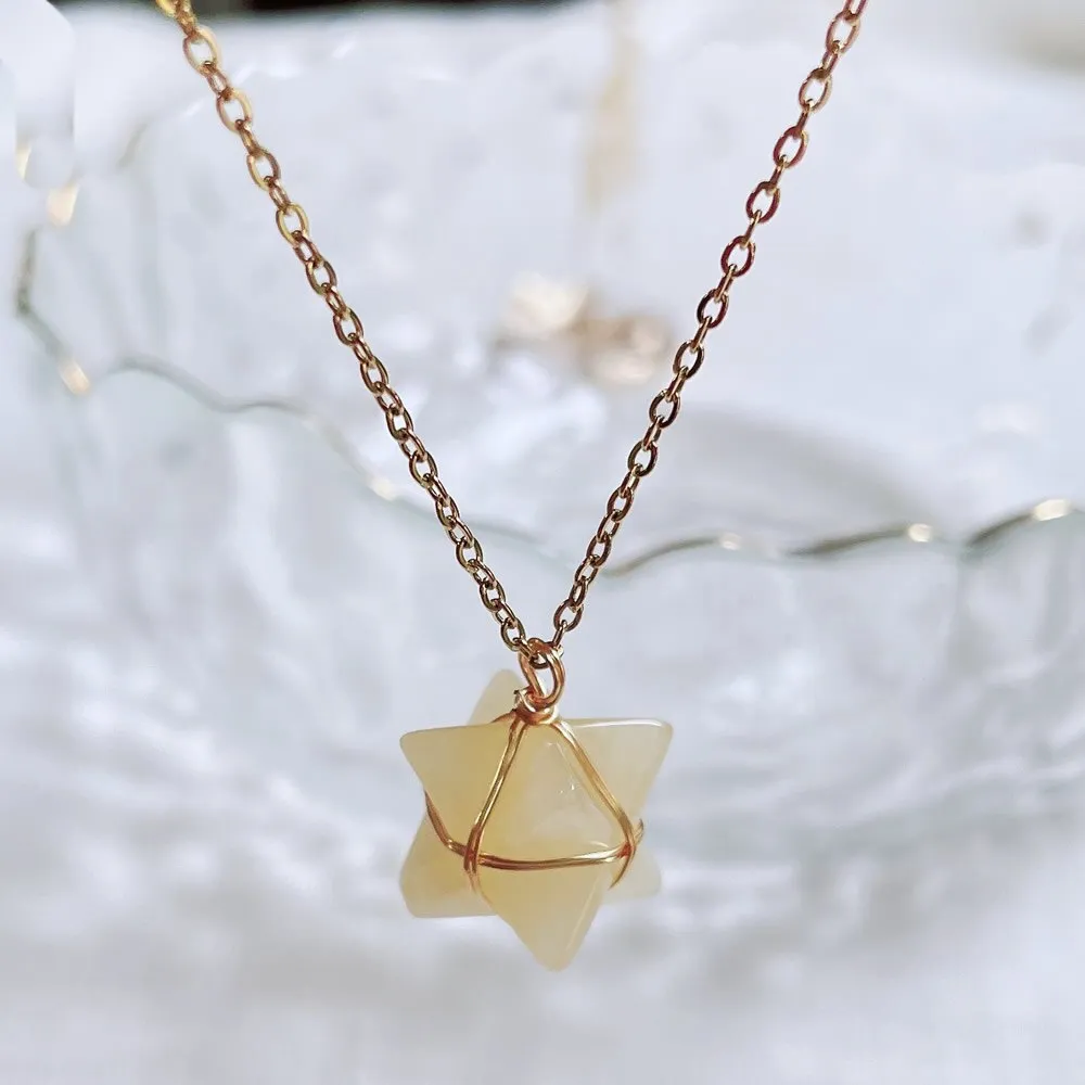 Merkaba Crystal Stone Pendant Necklace, Steel Chain