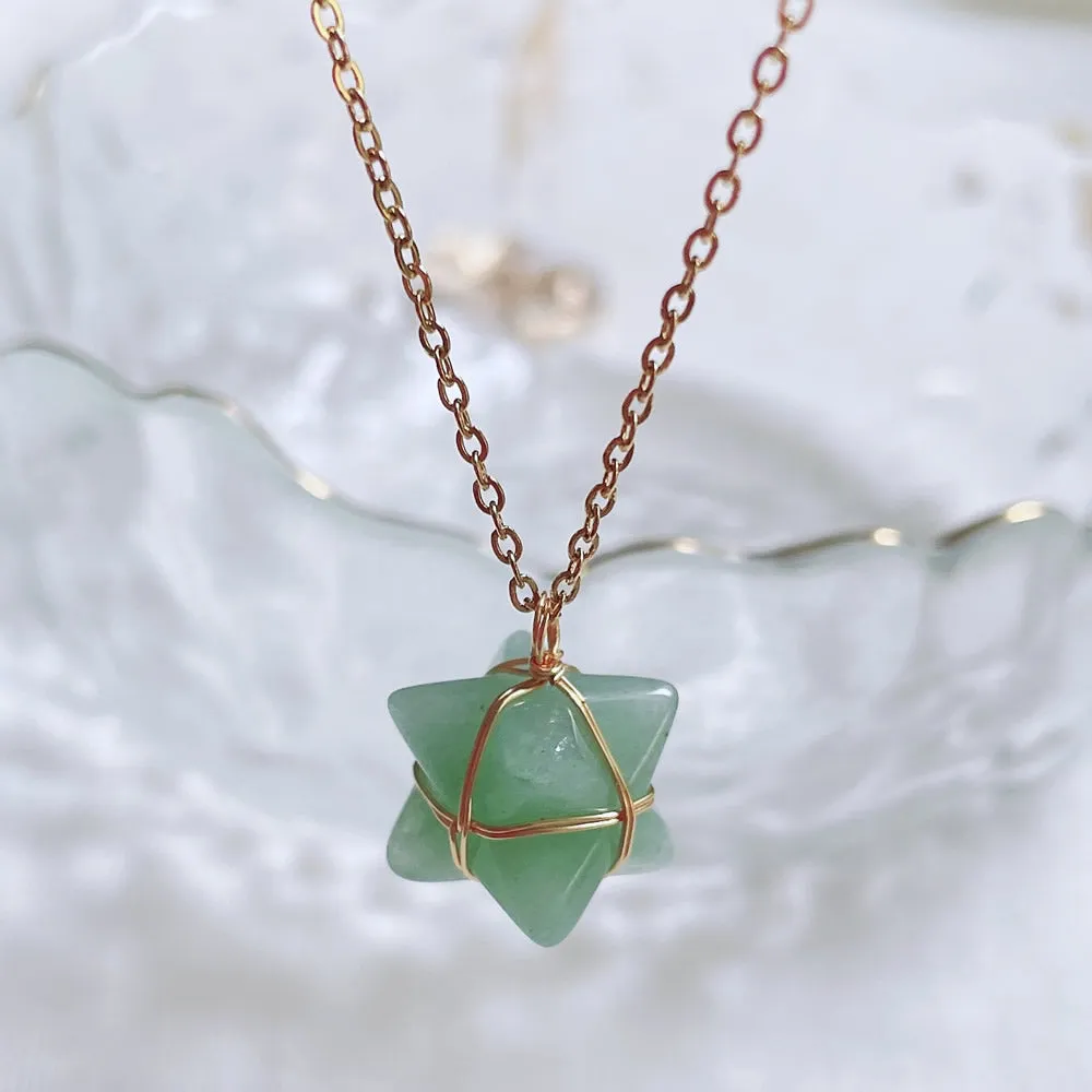 Merkaba Crystal Stone Pendant Necklace, Steel Chain