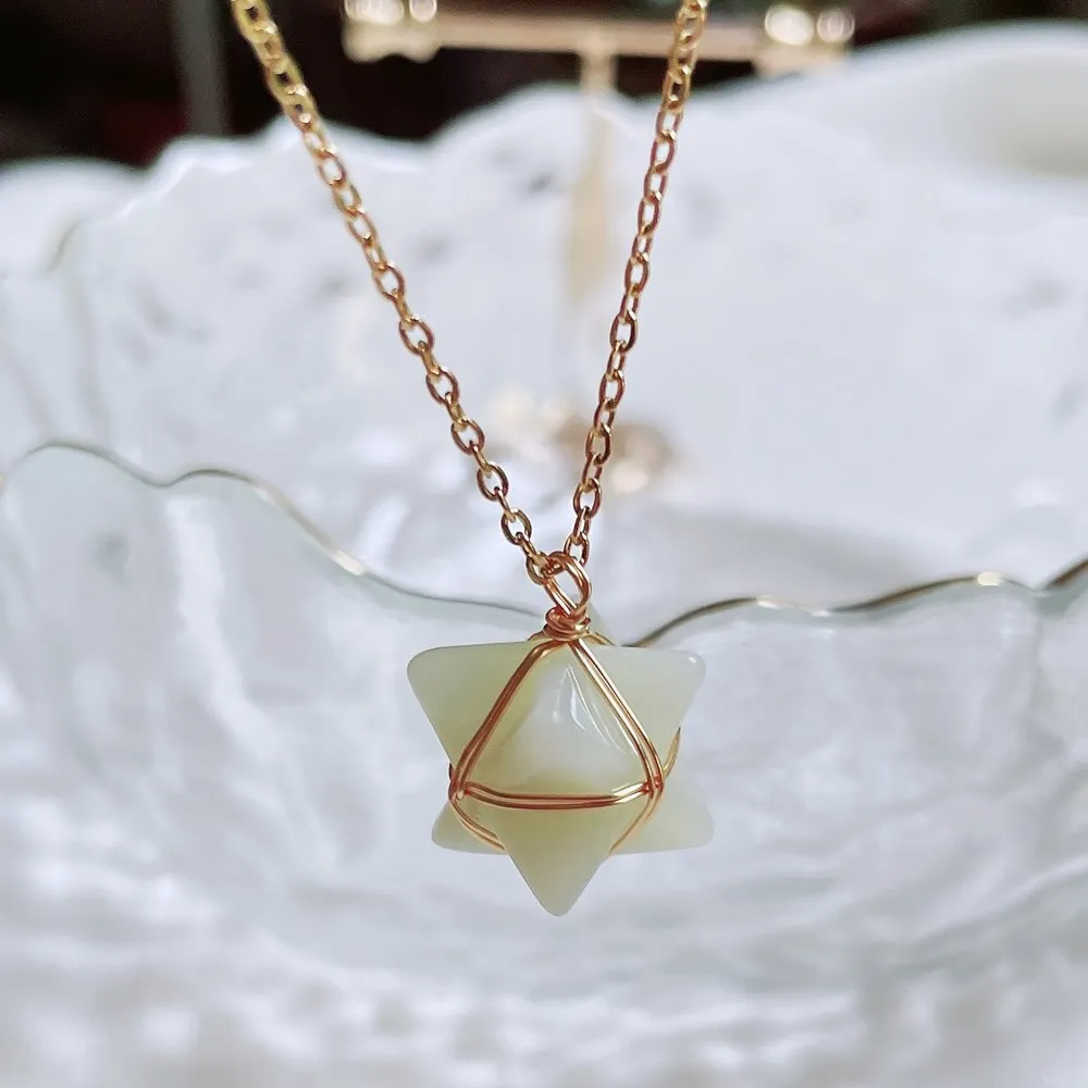 Merkaba Crystal Stone Pendant Necklace, Steel Chain