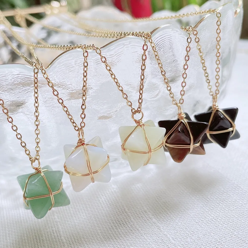 Merkaba Crystal Stone Pendant Necklace, Steel Chain