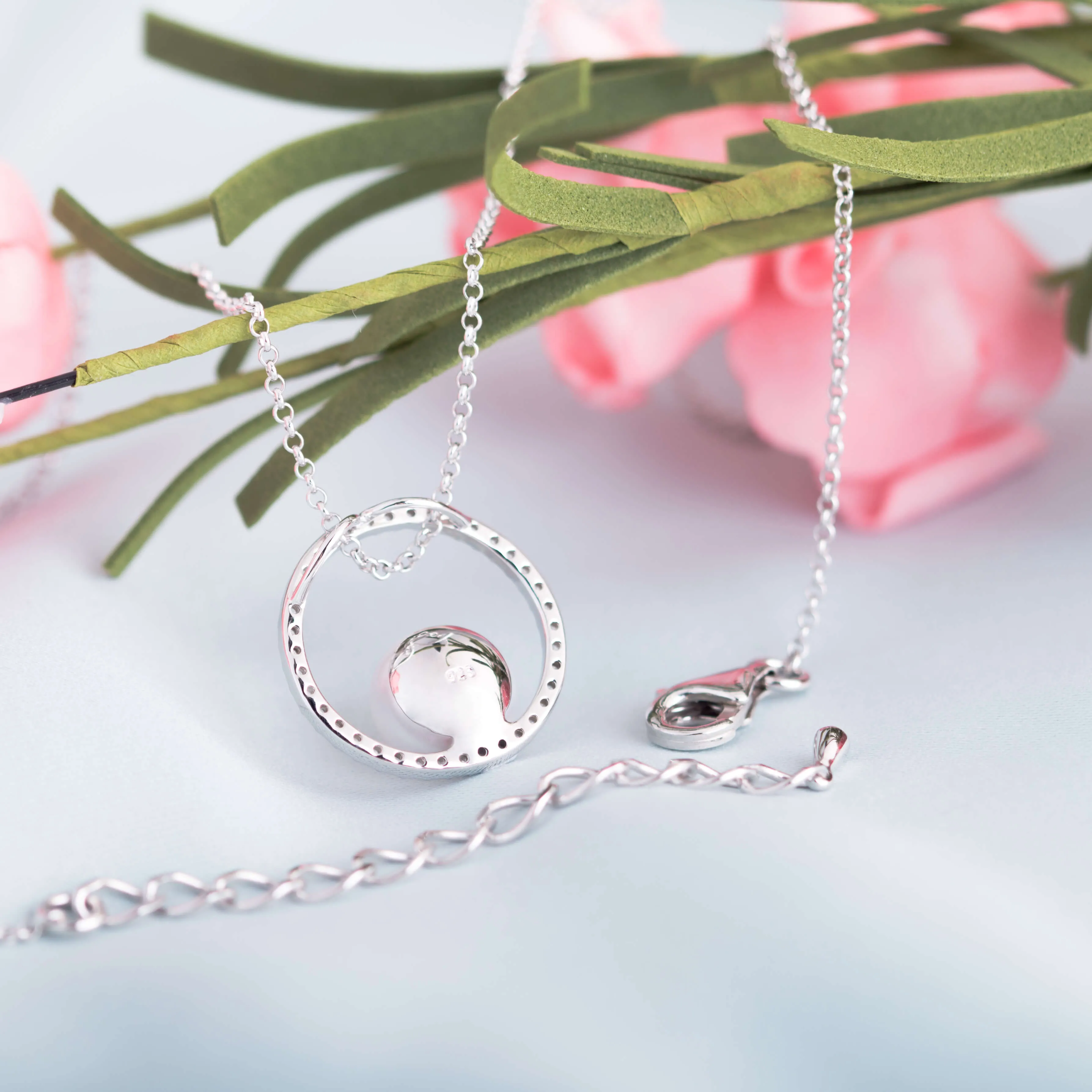 Molah Silver Freshwater Pearl and Cubic Zirconia Circle Pendant Necklace