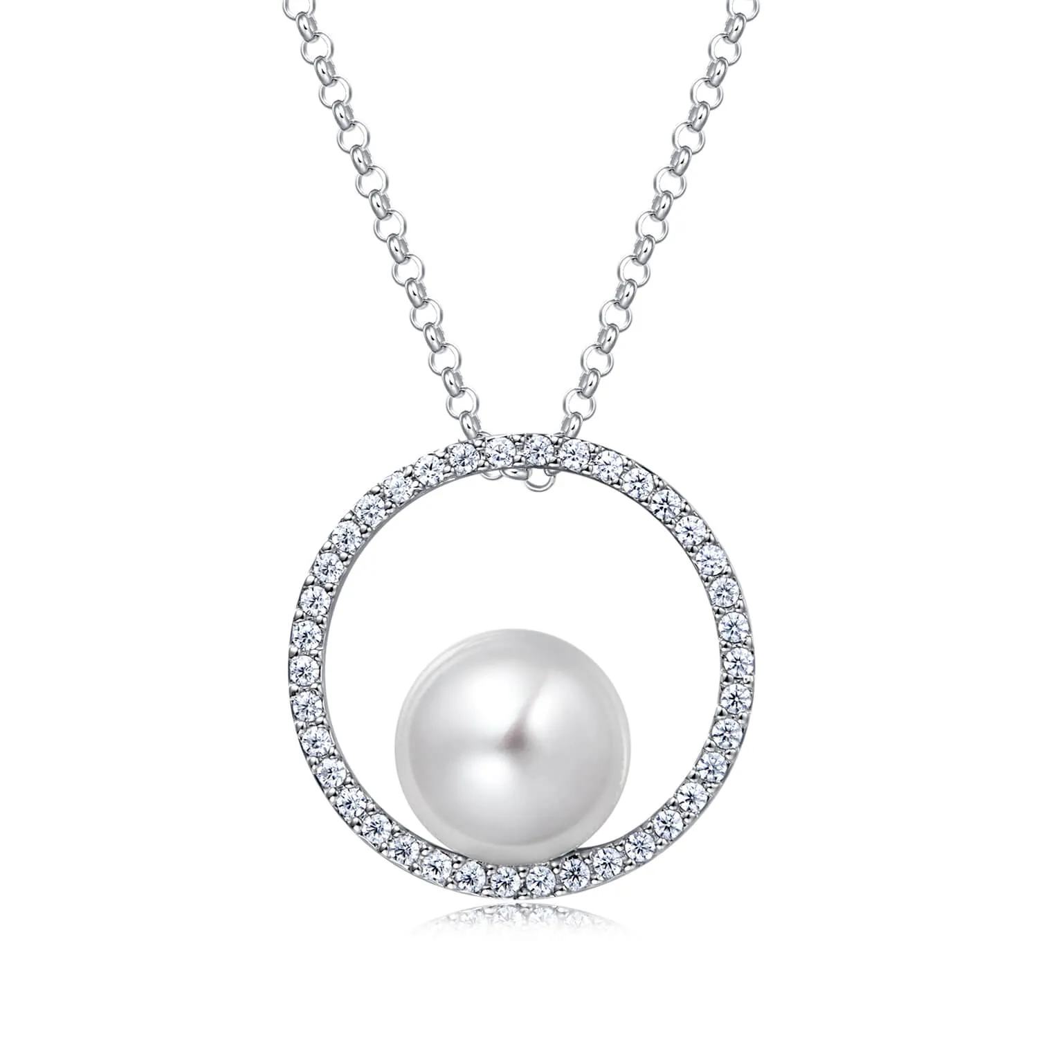 Molah Silver Freshwater Pearl and Cubic Zirconia Circle Pendant Necklace