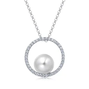 Molah Silver Freshwater Pearl and Cubic Zirconia Circle Pendant Necklace