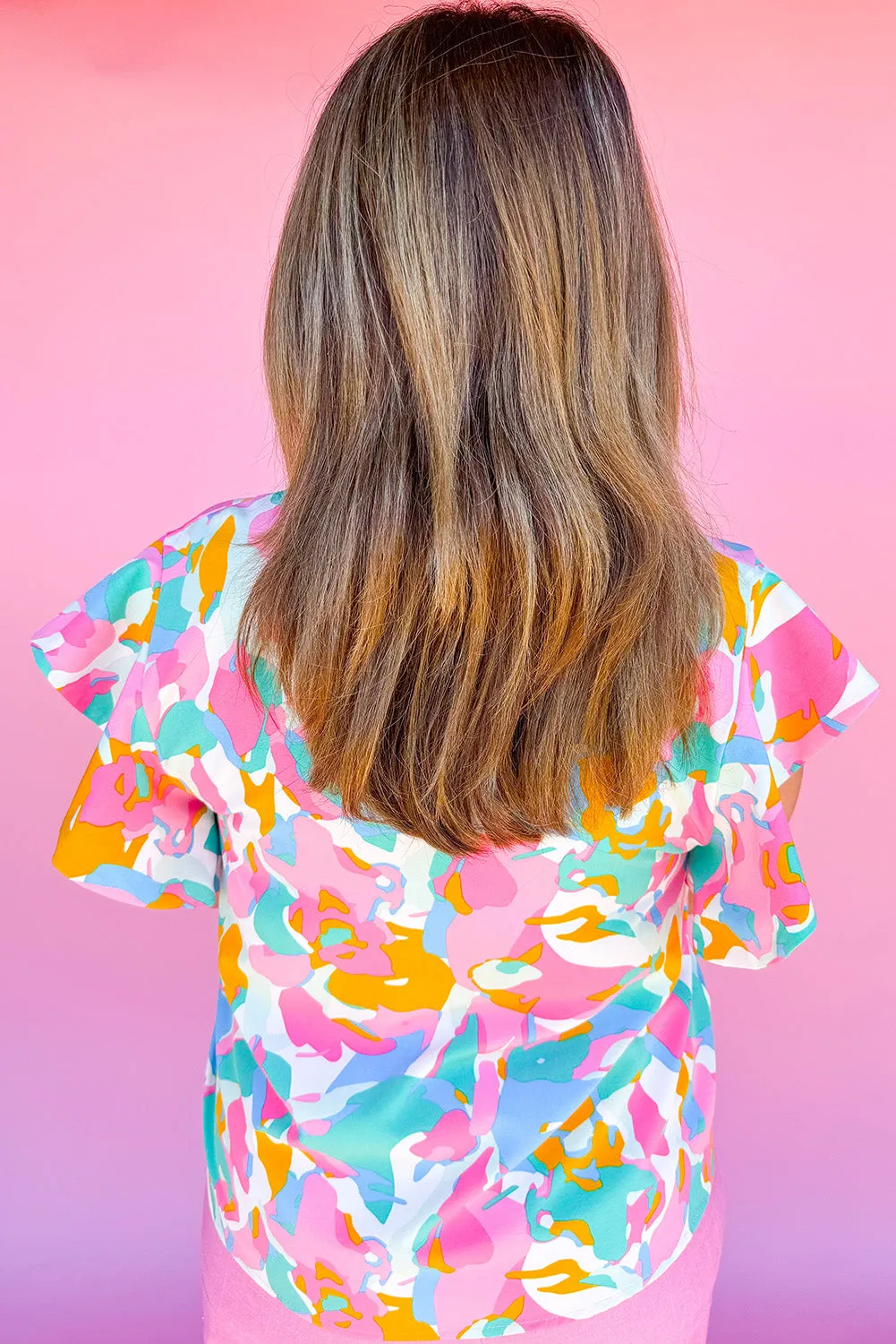 Multicolour Abstract Print Ruffled Sleeve Plus Blouse