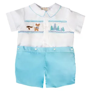 North Pole Rudolph White / Turquoise Smocked Button-On Short Set