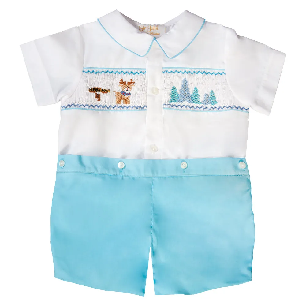 North Pole Rudolph White / Turquoise Smocked Button-On Short Set