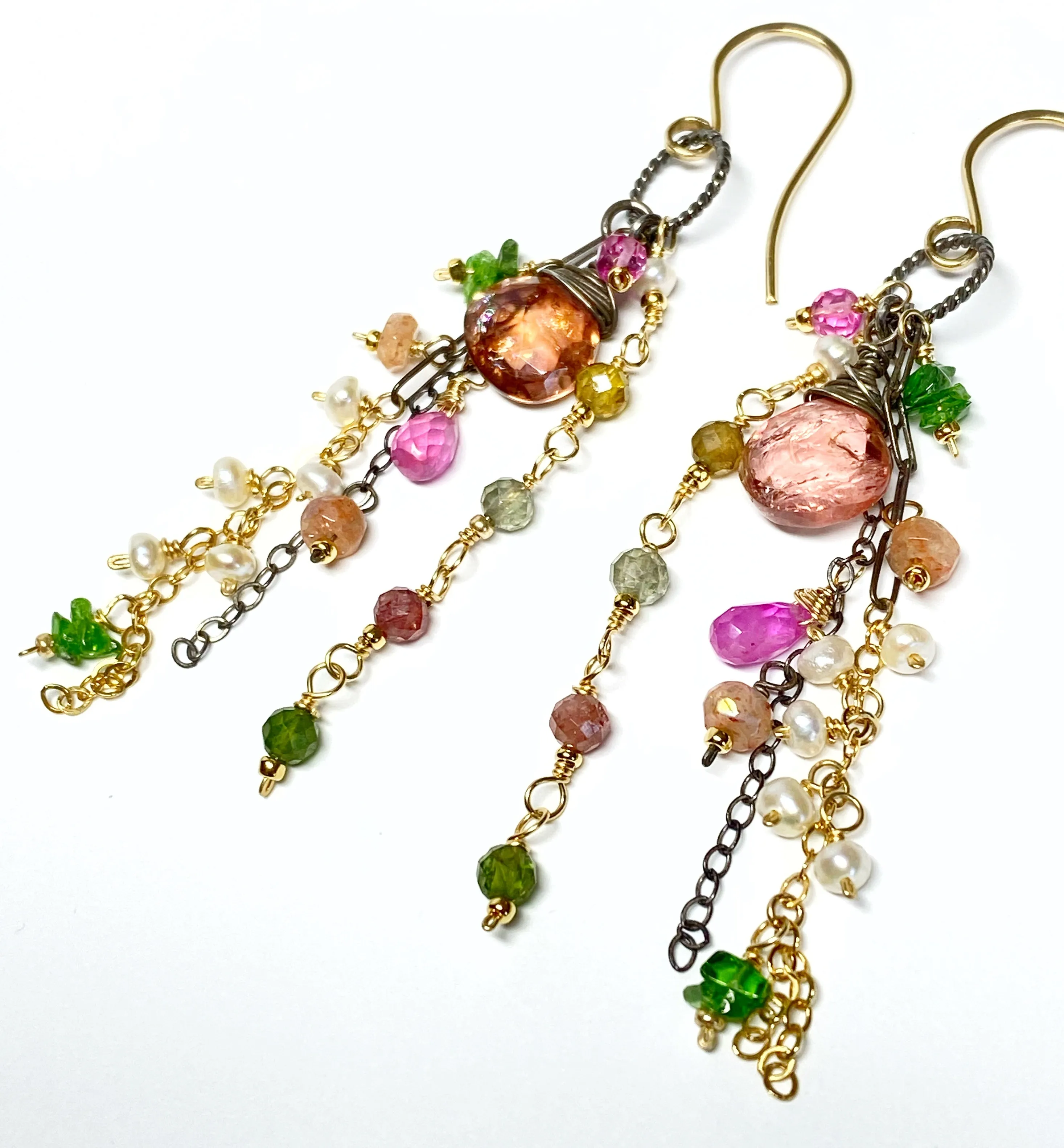 Pastel Tourmaline Gemstone Mixed Metal Long Boho Dangle Earrings