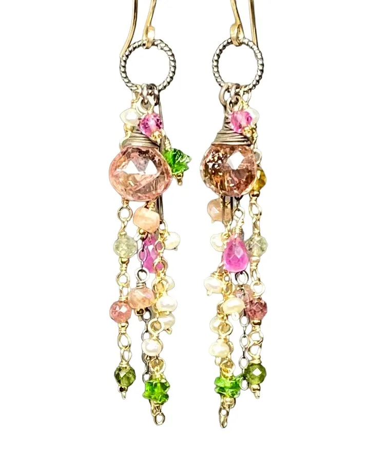 Pastel Tourmaline Gemstone Mixed Metal Long Boho Dangle Earrings