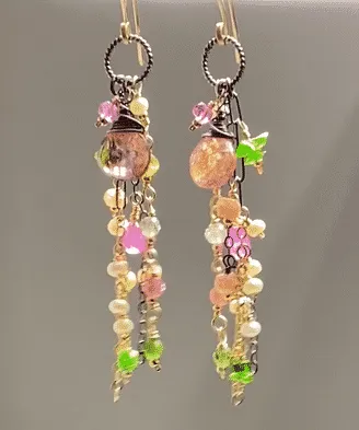 Pastel Tourmaline Gemstone Mixed Metal Long Boho Dangle Earrings