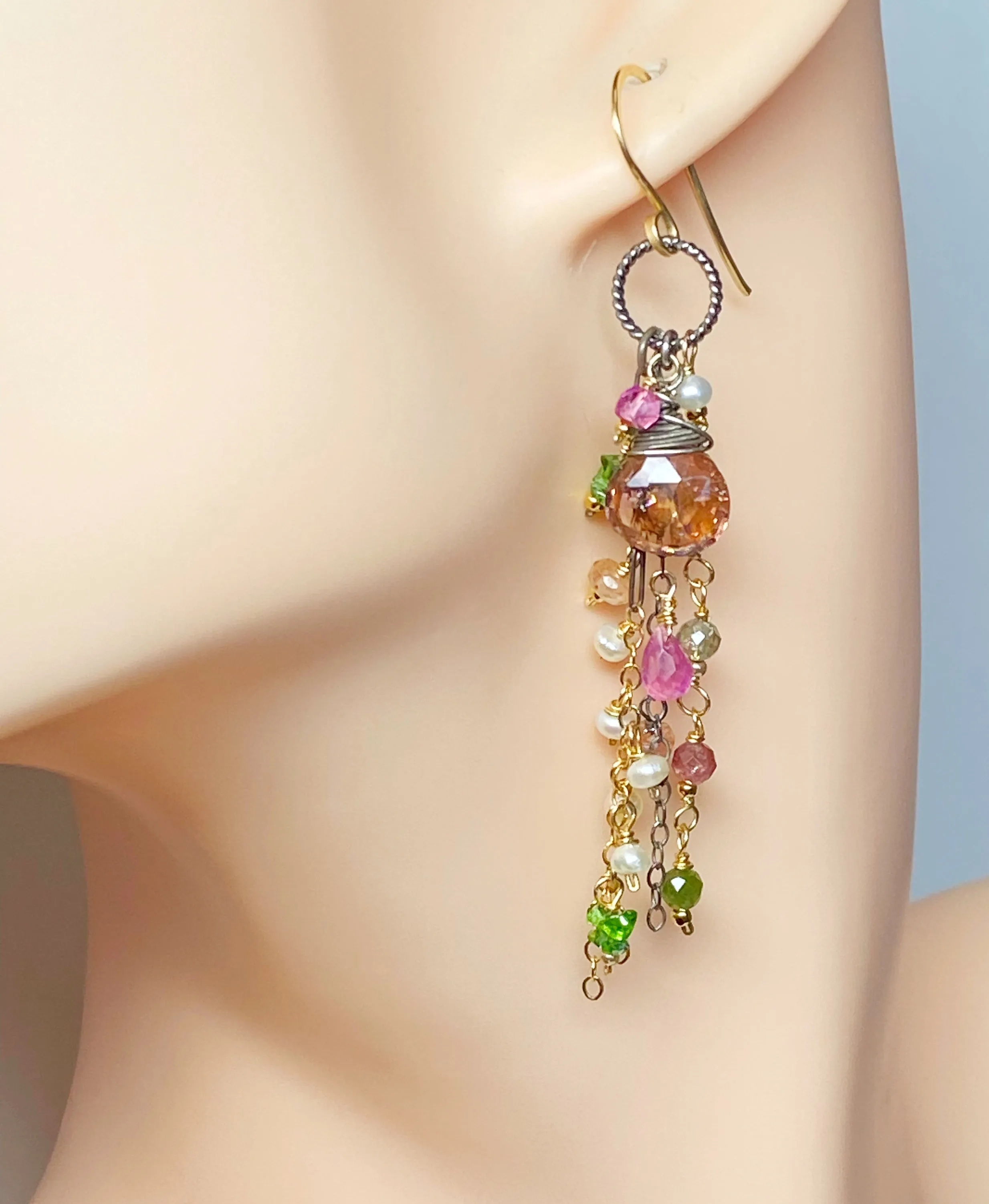 Pastel Tourmaline Gemstone Mixed Metal Long Boho Dangle Earrings