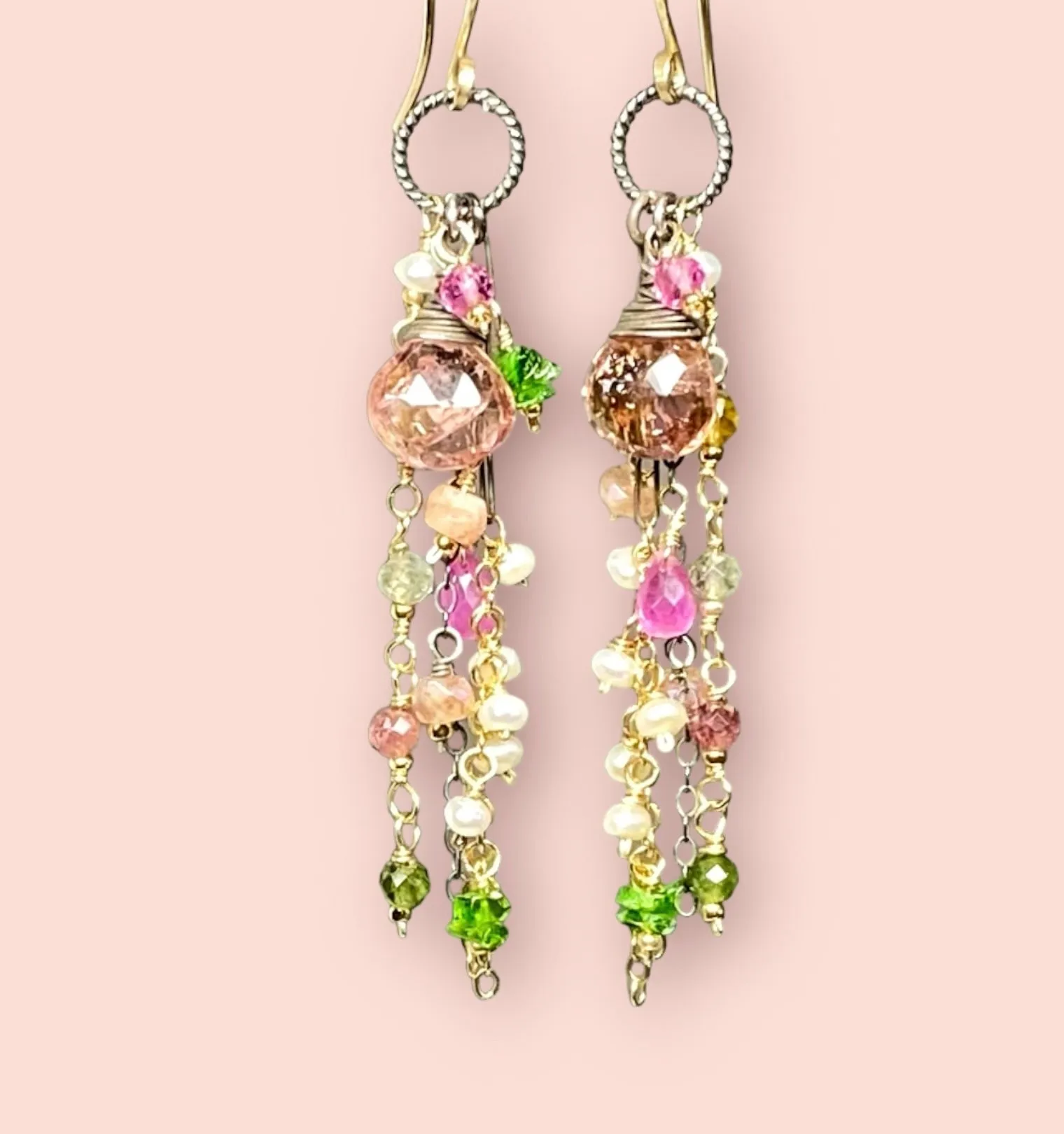 Pastel Tourmaline Gemstone Mixed Metal Long Boho Dangle Earrings