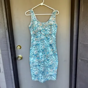 Peruvian Connection Pima Cotton Blue Green Floral Brocade Print Sheath Dress