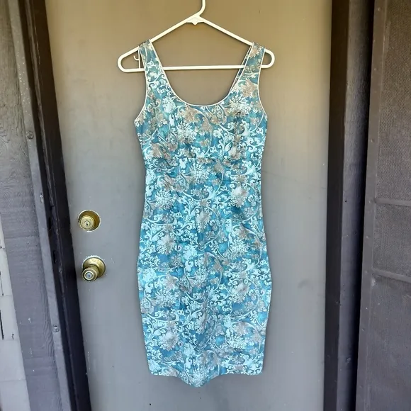 Peruvian Connection Pima Cotton Blue Green Floral Brocade Print Sheath Dress