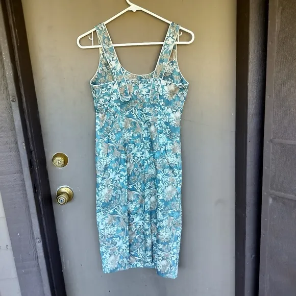 Peruvian Connection Pima Cotton Blue Green Floral Brocade Print Sheath Dress