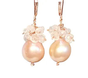 Pink Blush Pearl and Moonstone Cluster Earrings Rose Gold