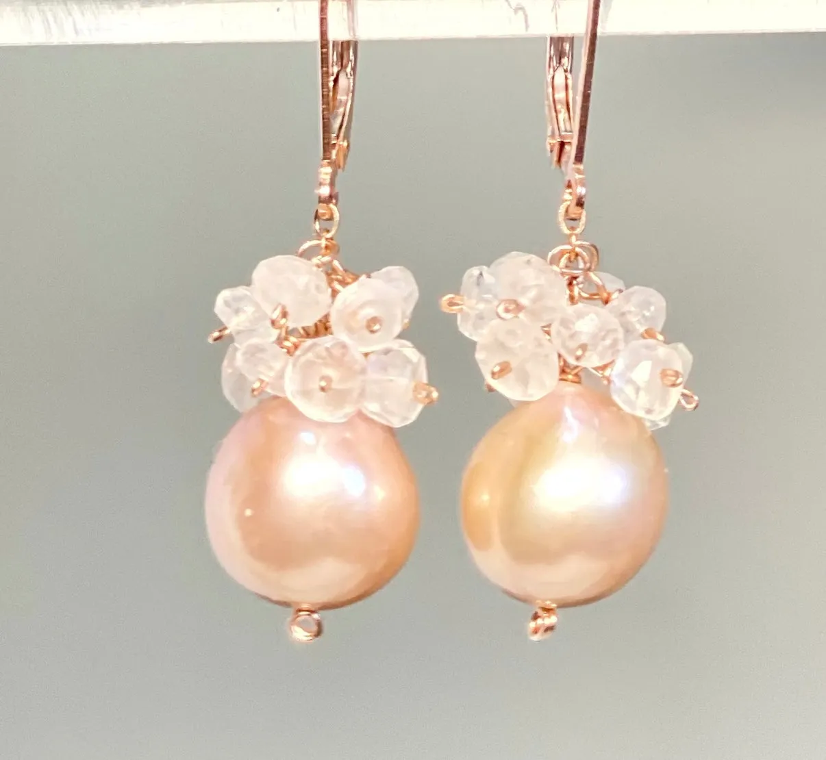 Pink Blush Pearl and Moonstone Cluster Earrings Rose Gold