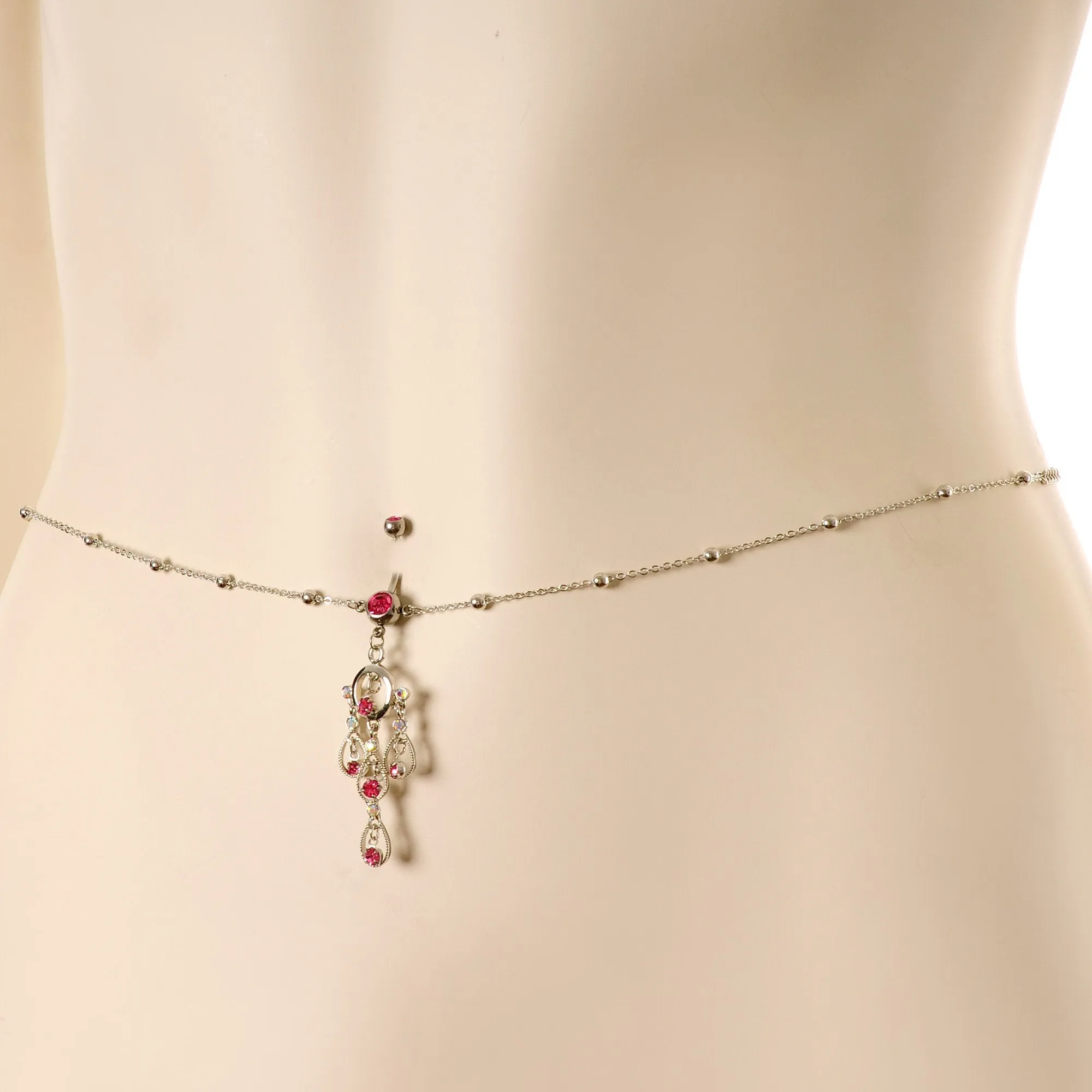Pink Gem Dancing Queen Chandelier Dangle Belly Ring Belly Chain