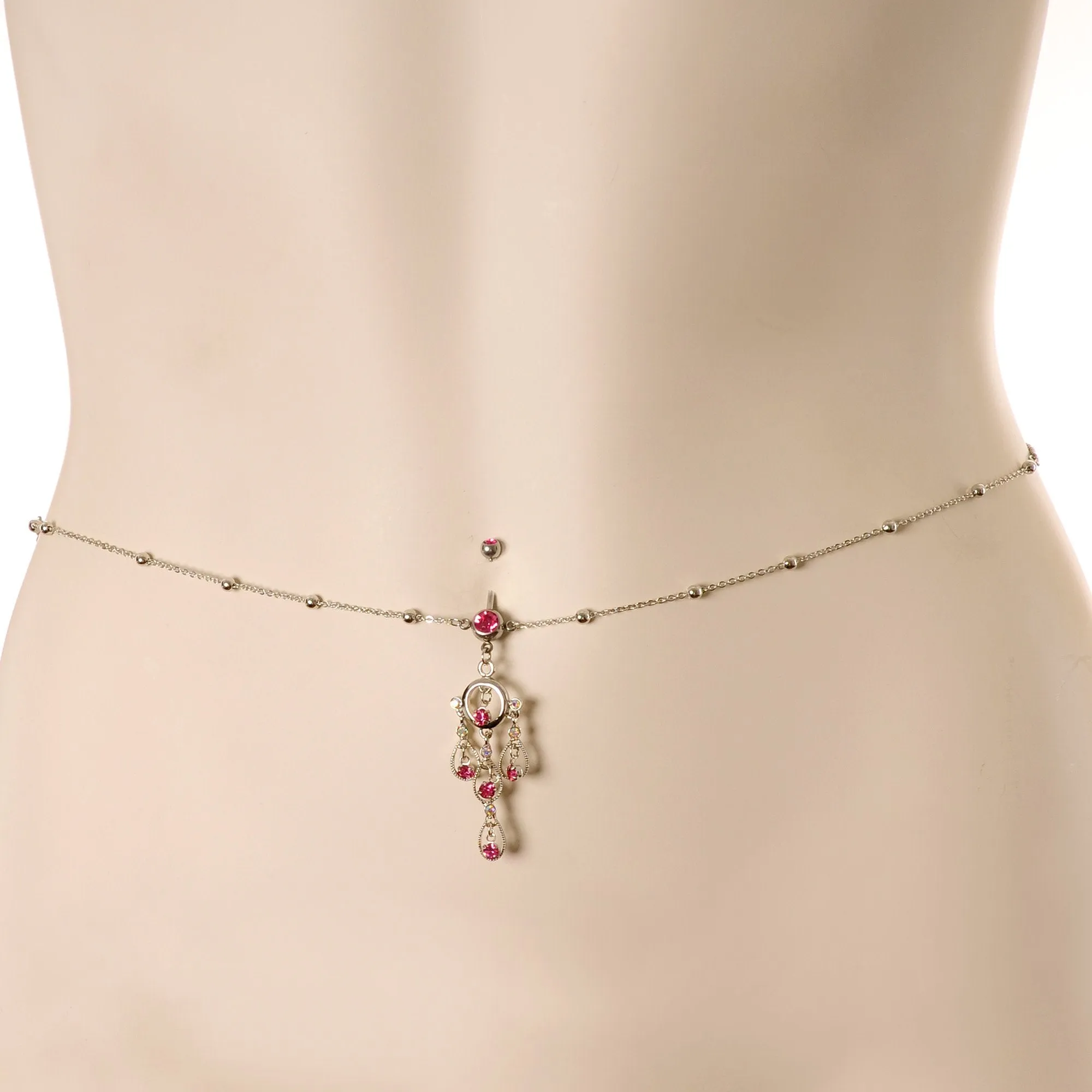 Pink Gem Dancing Queen Chandelier Dangle Belly Ring Belly Chain
