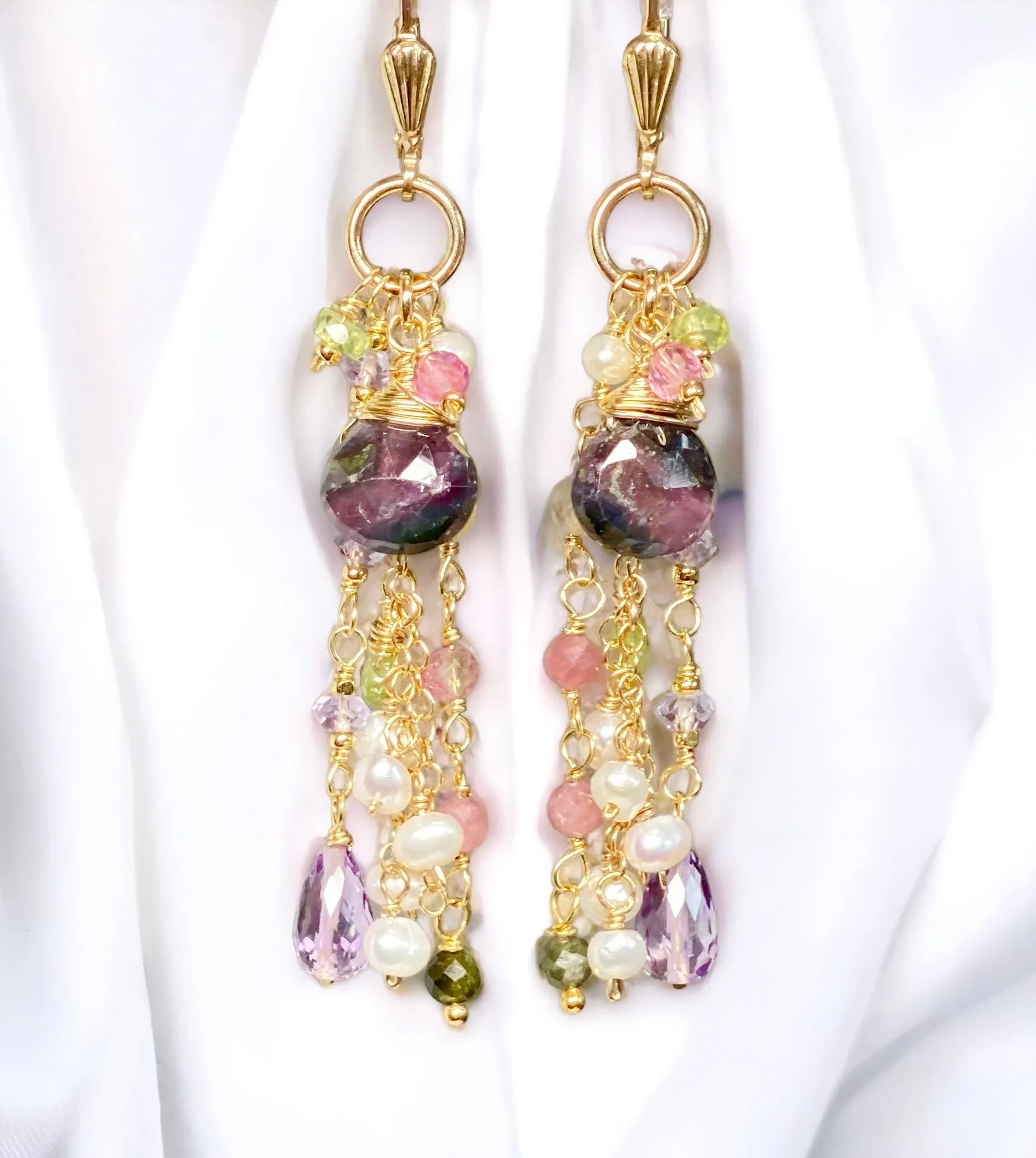 Plum Purple Tourmaline Pastel Gemstone Long Dangle Earrings 2