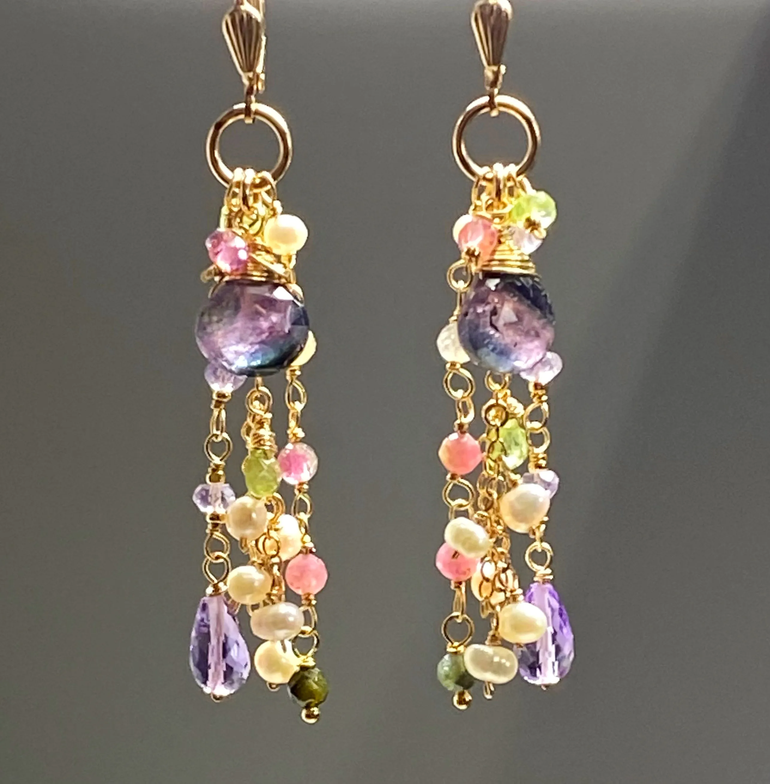 Plum Purple Tourmaline Pastel Gemstone Long Dangle Earrings 2