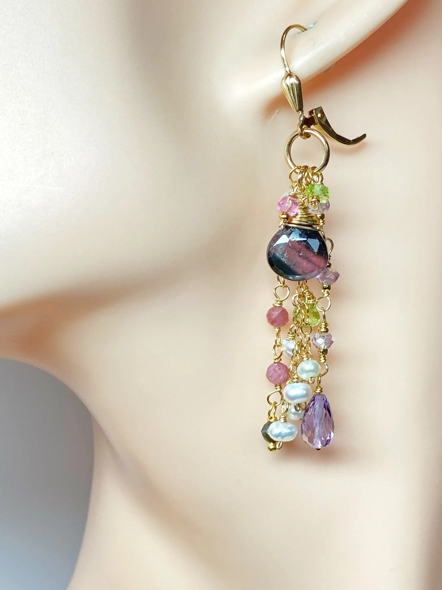 Plum Purple Tourmaline Pastel Gemstone Long Dangle Earrings 2