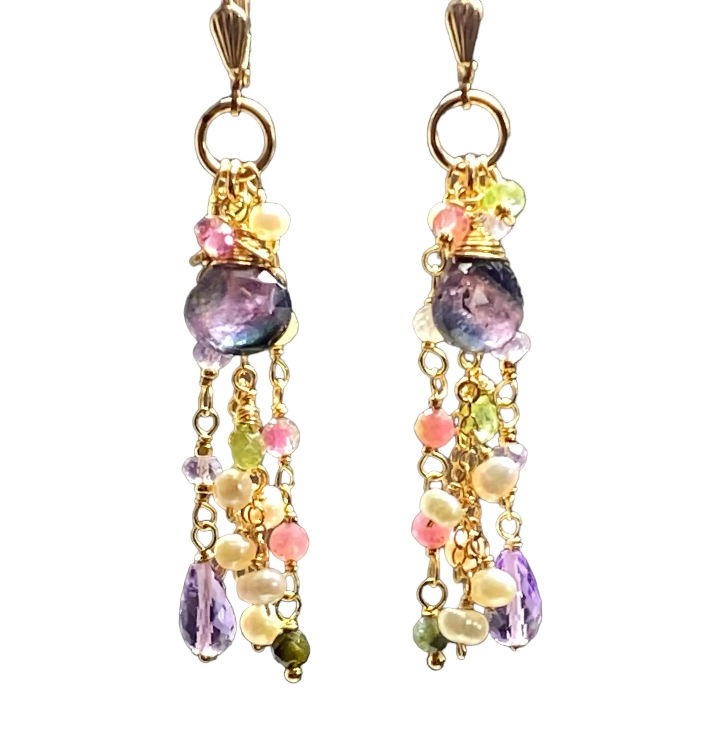 Plum Purple Tourmaline Pastel Gemstone Long Dangle Earrings 2
