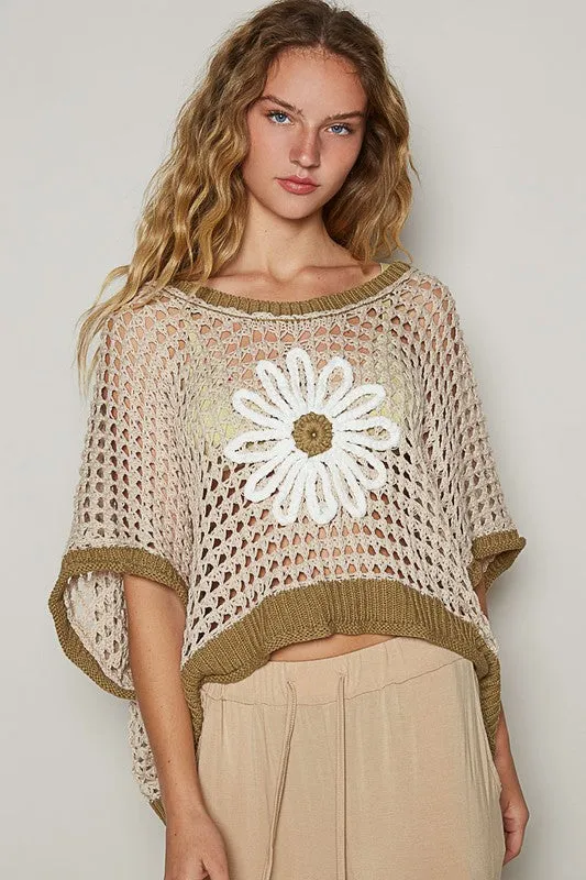 POL Hollow Out Flower Half Sleeve Knit Cover Up