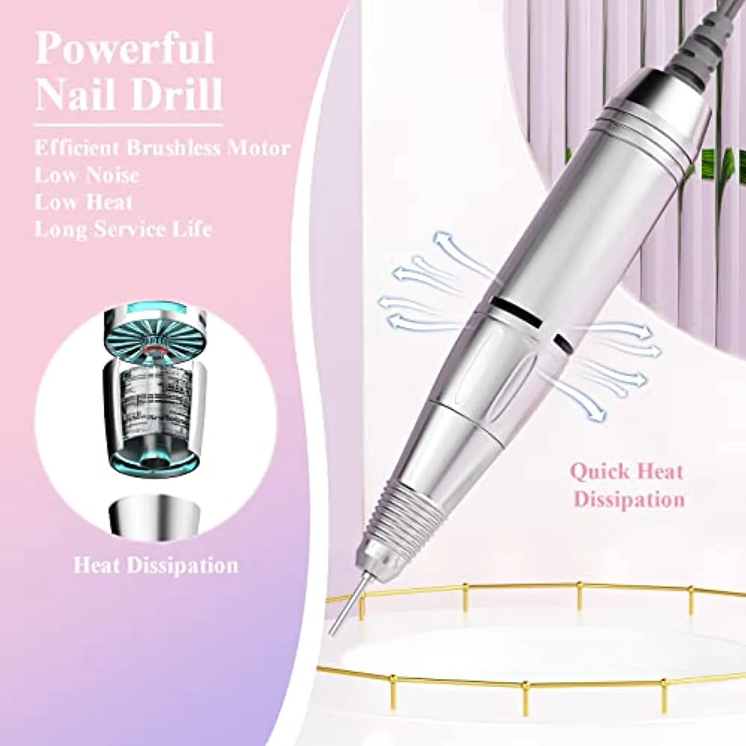 Professional Electric Nail Drill, Redhouse Rechargeable 30000RPM E File Nail Drill Machine for Acrylic Nails Portable Electric Nail File Manicure Pedicures Polishing Shape Tools for Home Salon (White)
