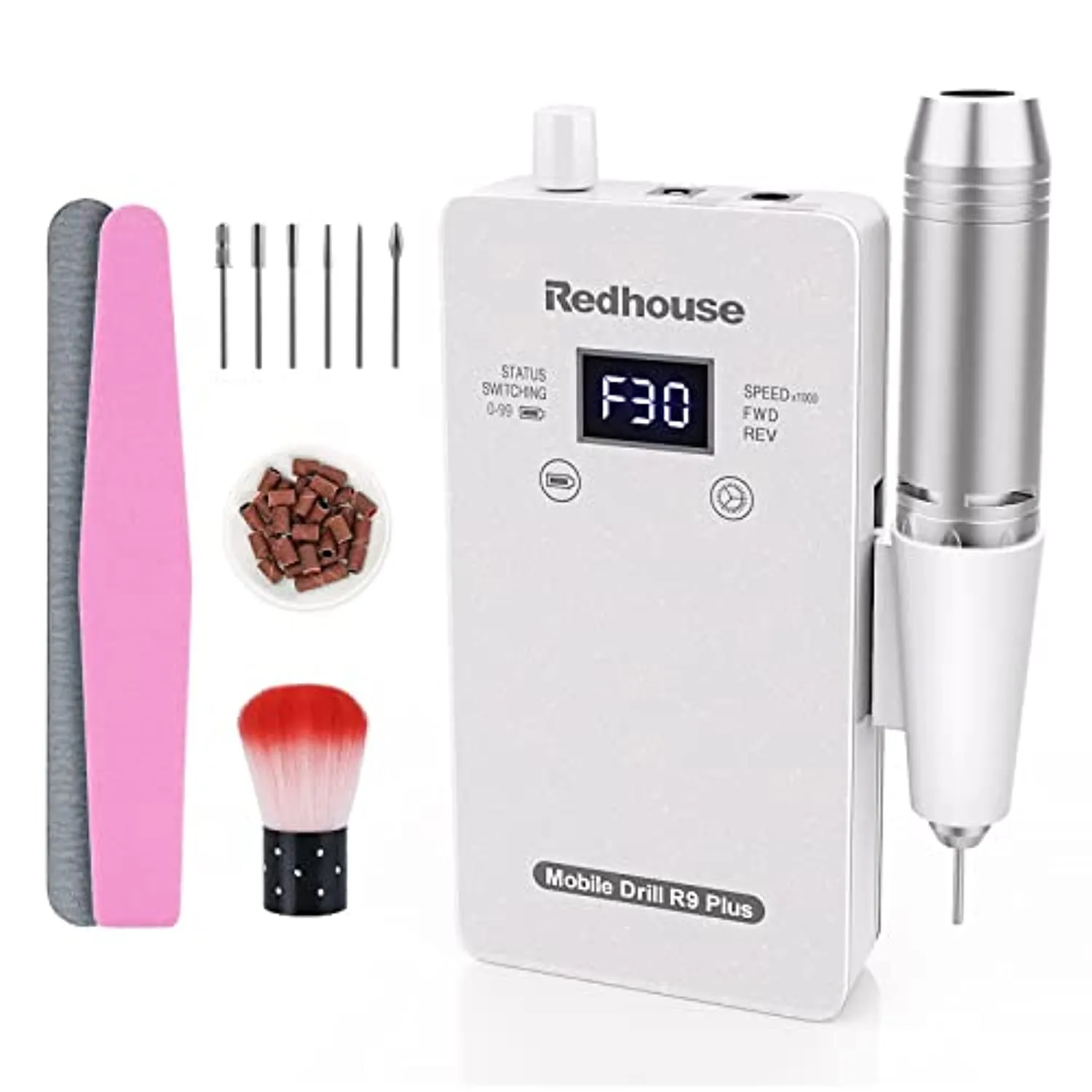 Professional Electric Nail Drill, Redhouse Rechargeable 30000RPM E File Nail Drill Machine for Acrylic Nails Portable Electric Nail File Manicure Pedicures Polishing Shape Tools for Home Salon (White)