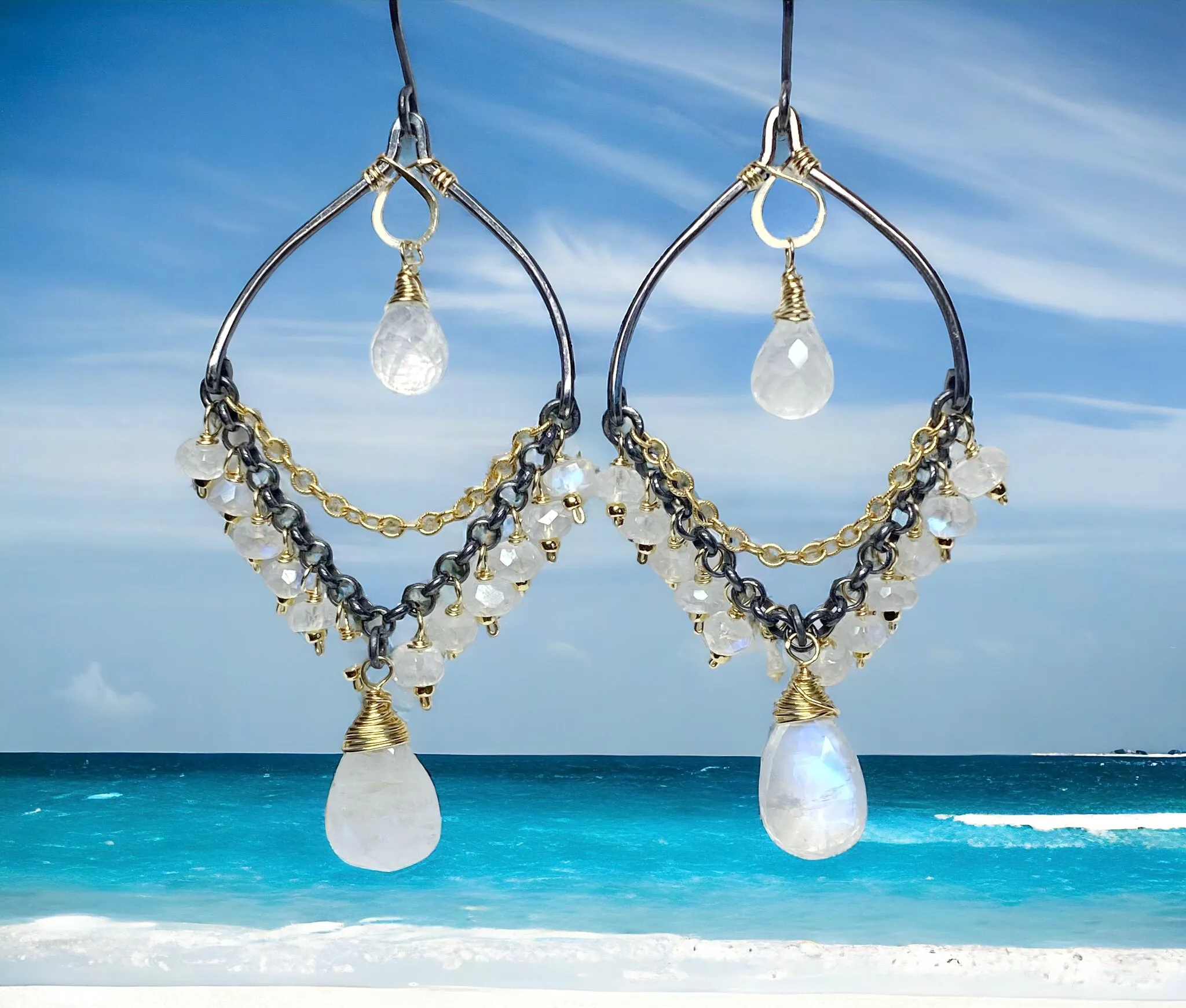 Rainbow Moonstone Mixed Metal Chandelier Earrings