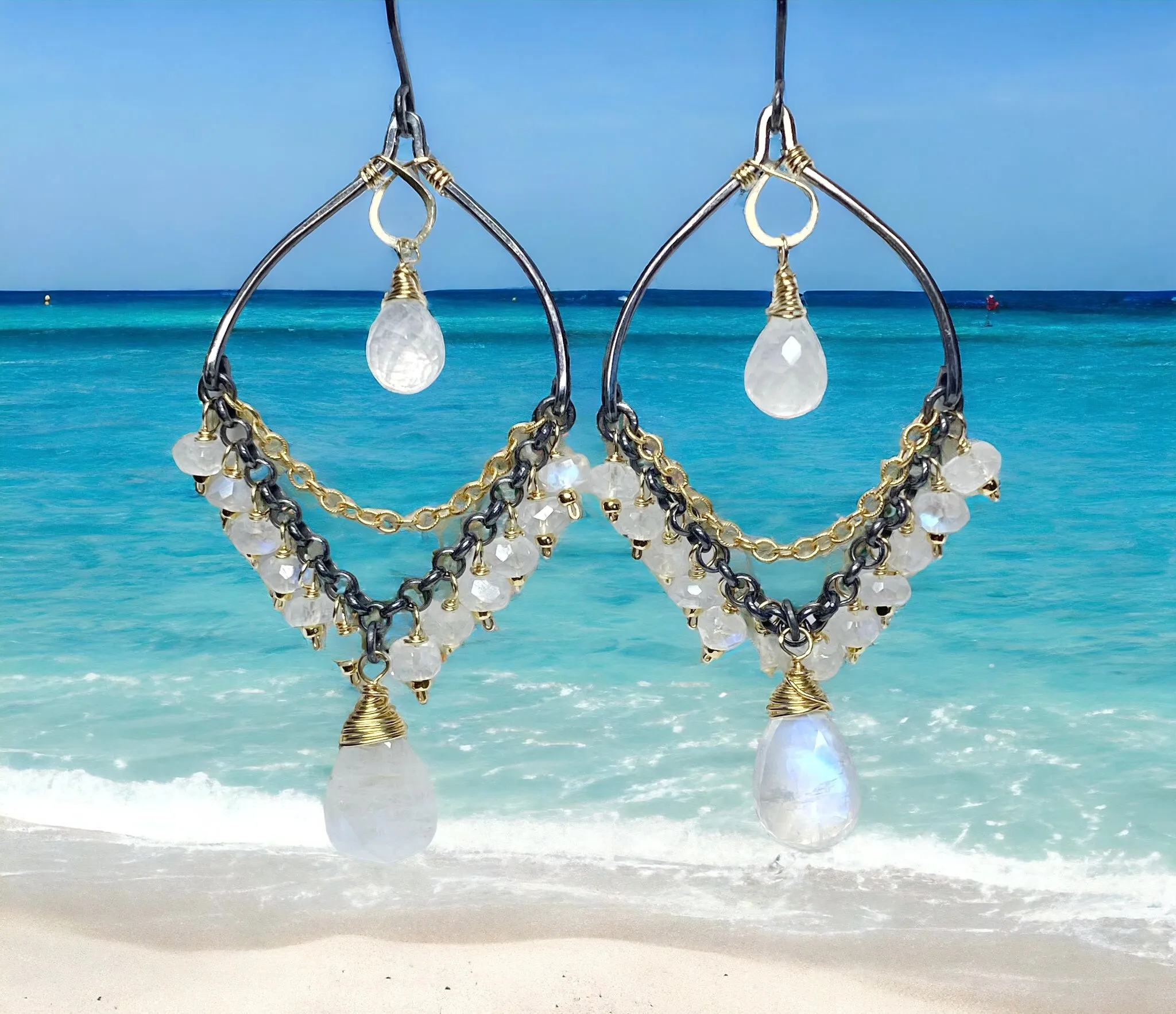 Rainbow Moonstone Mixed Metal Chandelier Earrings