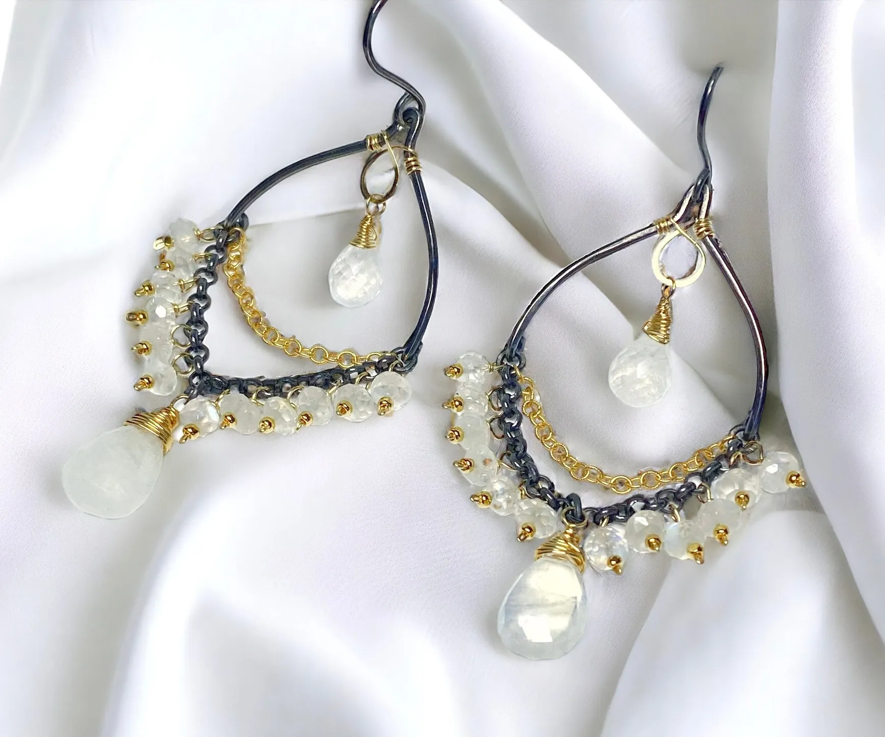 Rainbow Moonstone Mixed Metal Chandelier Earrings