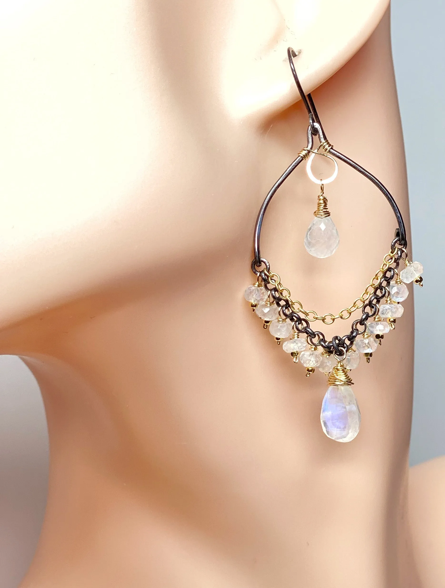 Rainbow Moonstone Mixed Metal Chandelier Earrings