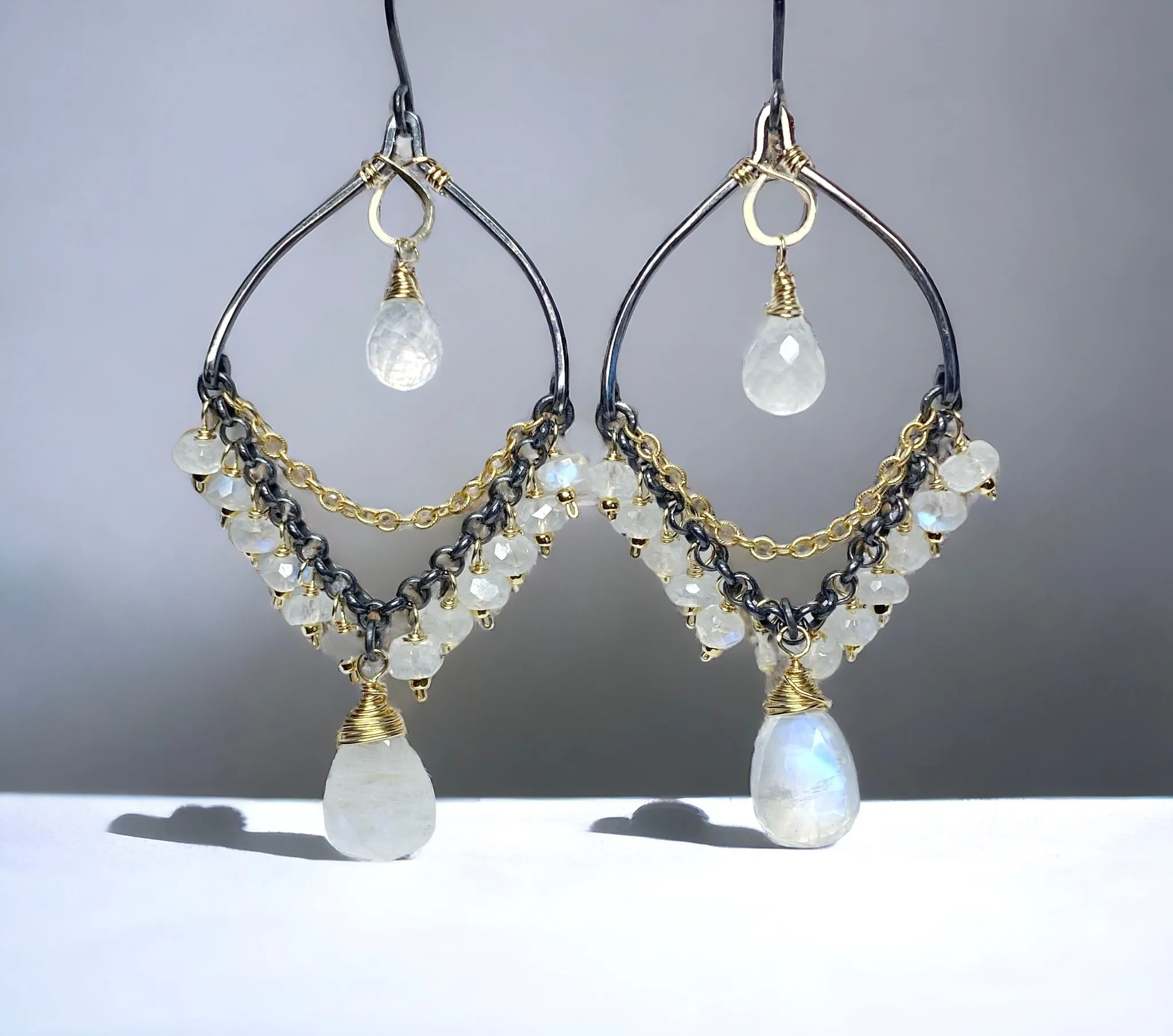 Rainbow Moonstone Mixed Metal Chandelier Earrings