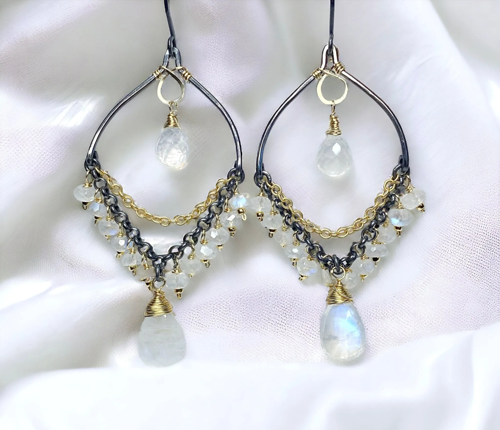 Rainbow Moonstone Mixed Metal Chandelier Earrings
