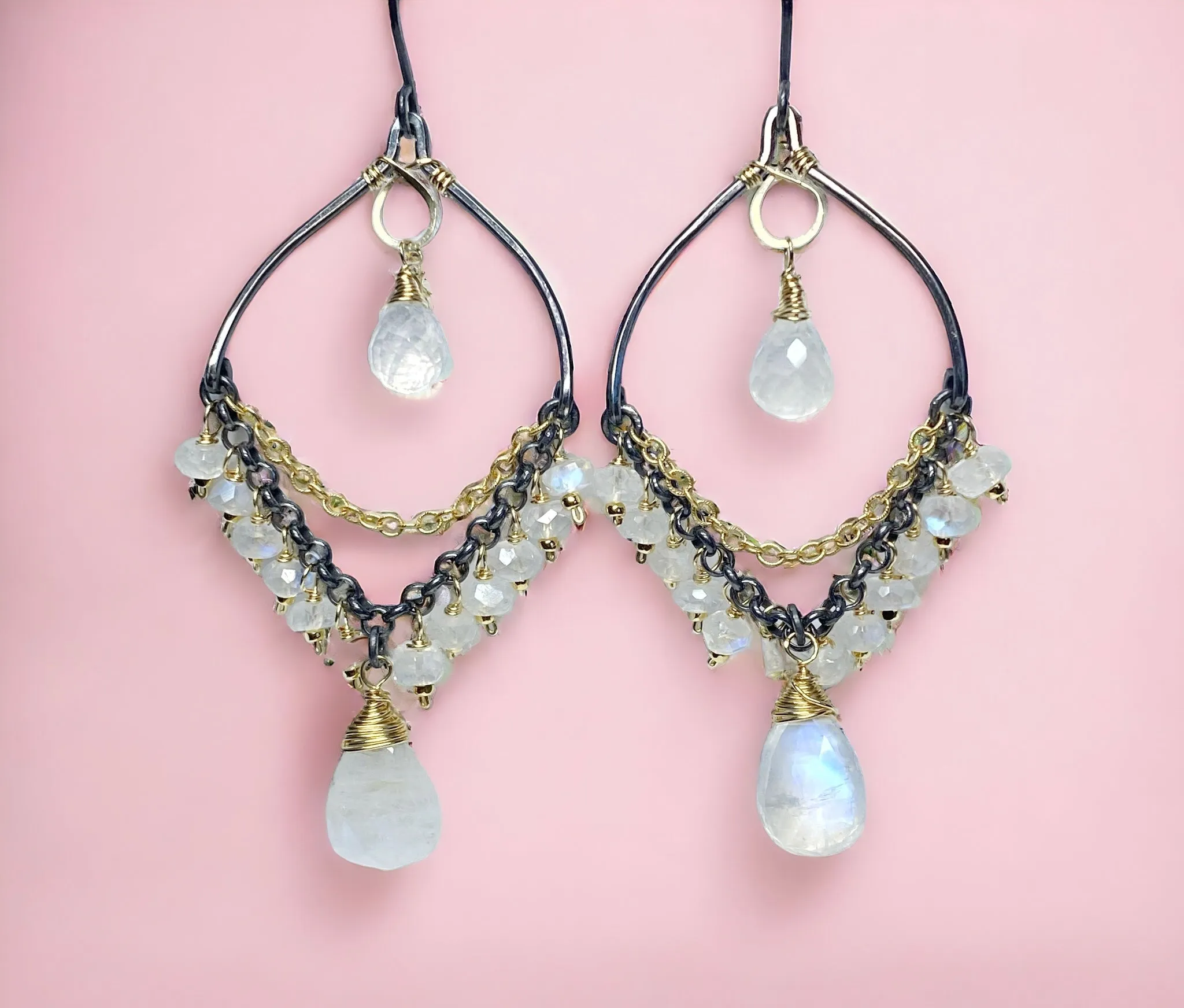 Rainbow Moonstone Mixed Metal Chandelier Earrings