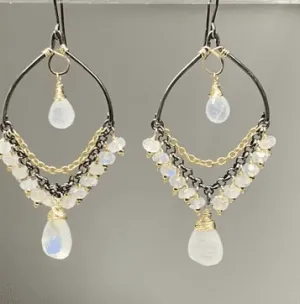 Rainbow Moonstone Mixed Metal Chandelier Earrings