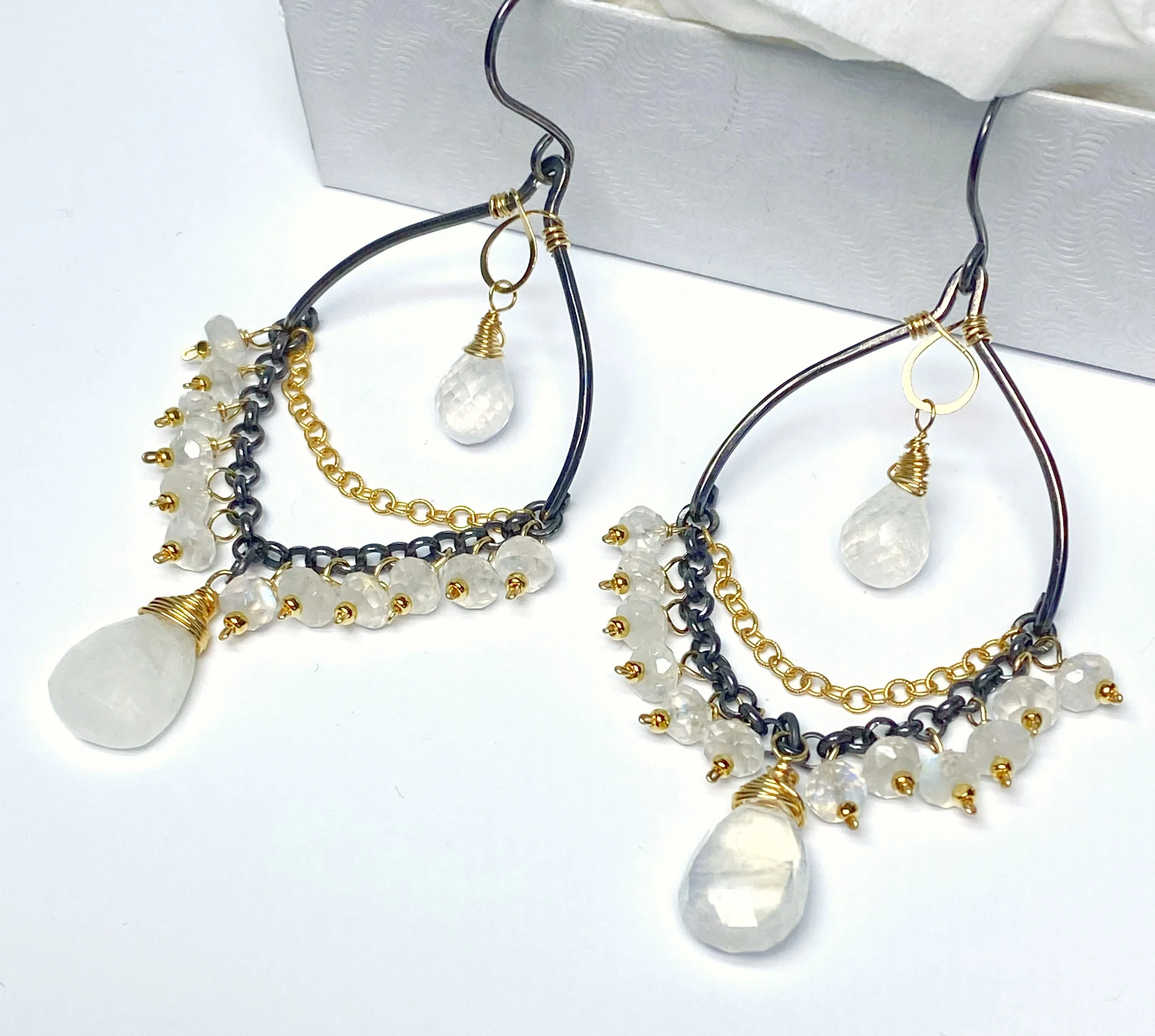 Rainbow Moonstone Mixed Metal Chandelier Earrings