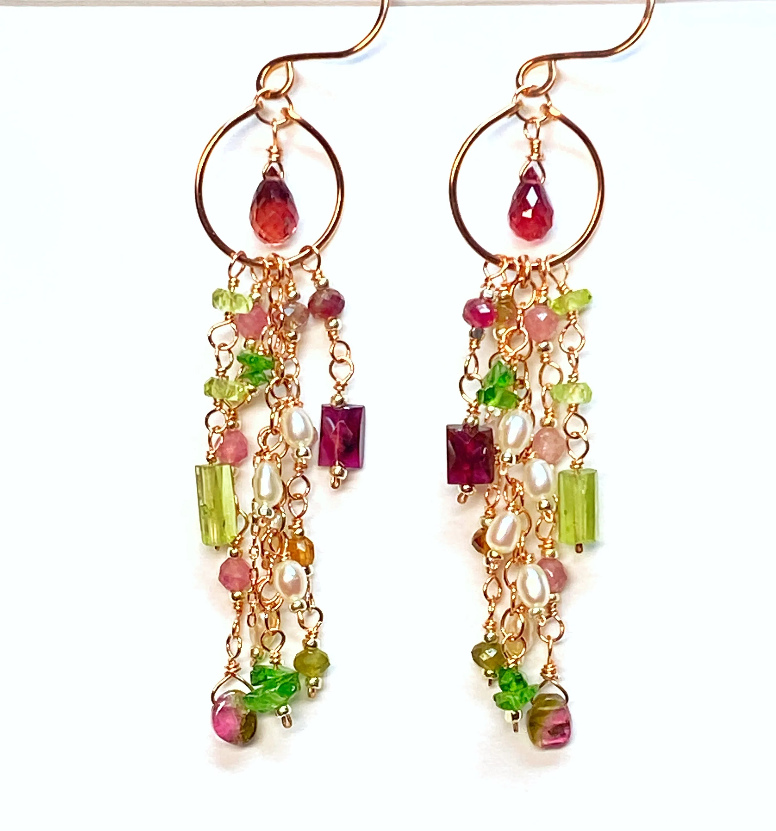 Rubellite Tourmaline Multicolor Gemstone Long Boho Dangle Earrings Rose Gold