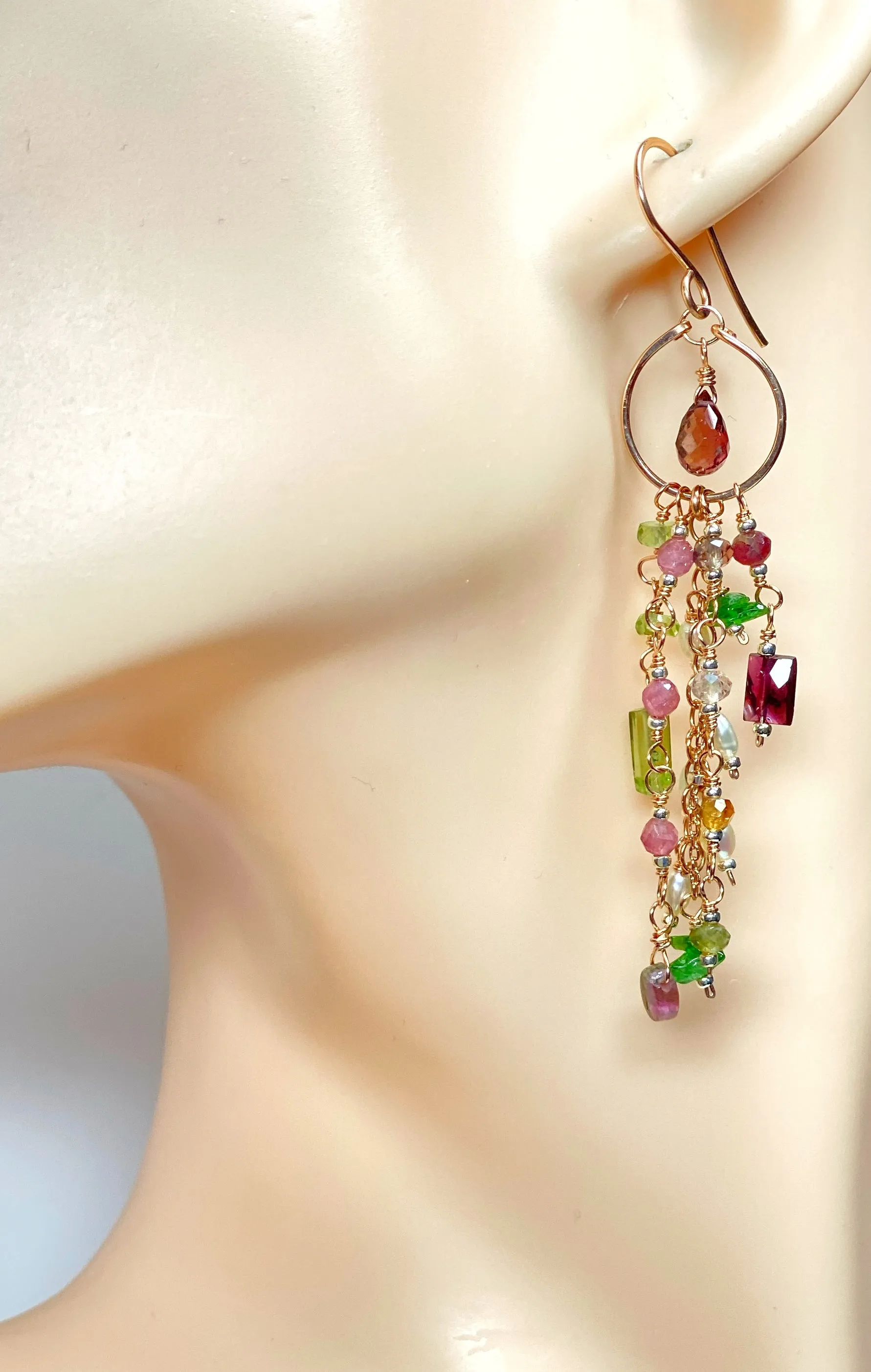 Rubellite Tourmaline Multicolor Gemstone Long Boho Dangle Earrings Rose Gold