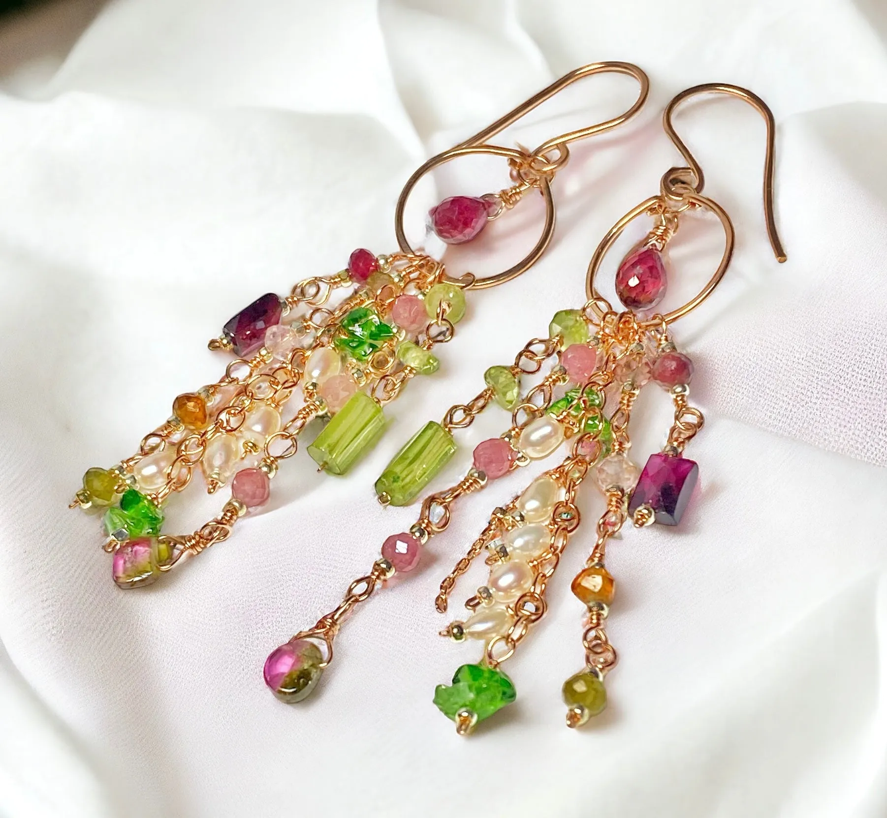 Rubellite Tourmaline Multicolor Gemstone Long Boho Dangle Earrings Rose Gold