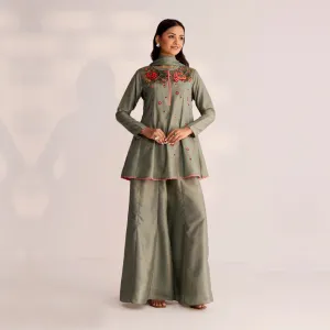 Sage Peplum Top and Palazzo Set with Threadwork