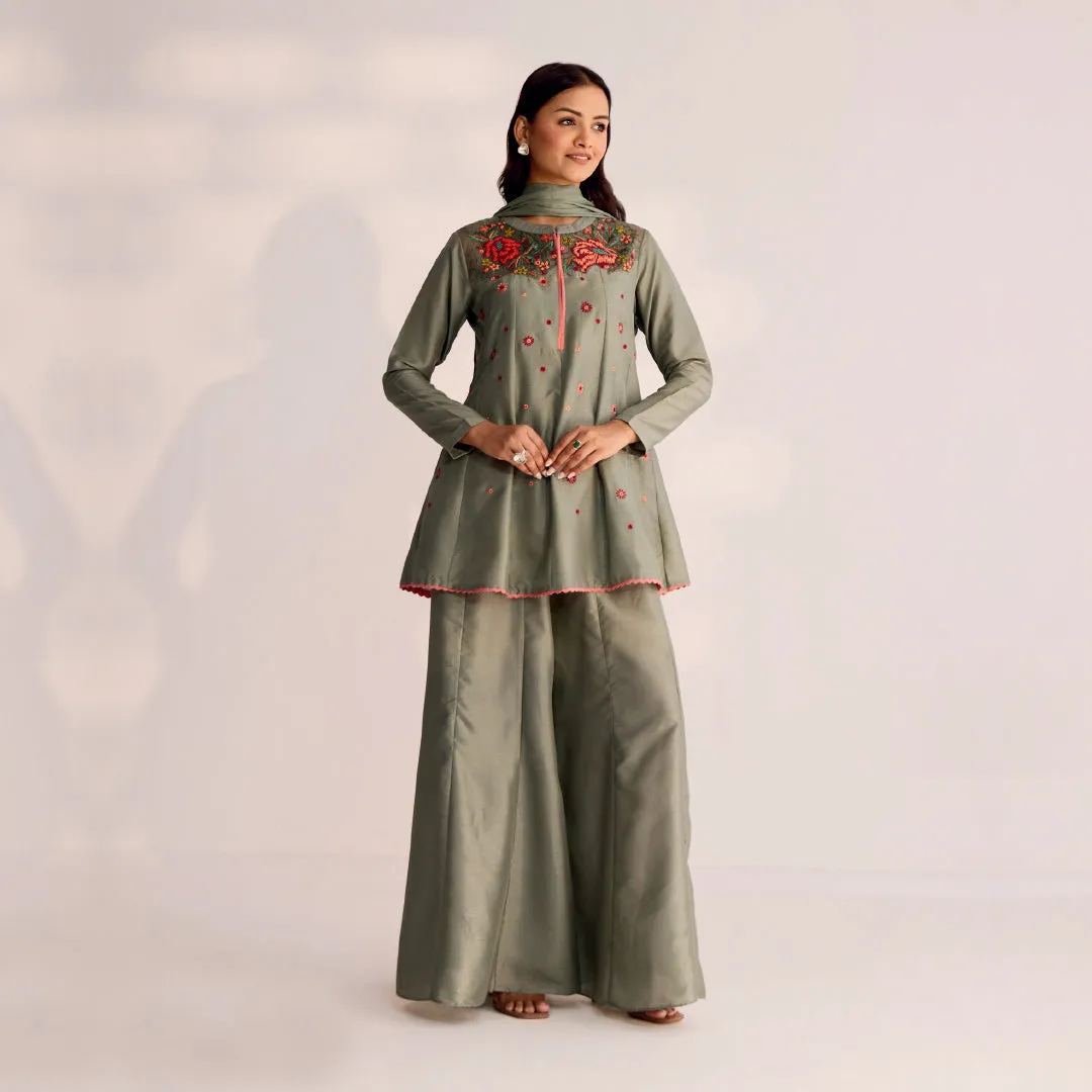 Sage Peplum Top and Palazzo Set with Threadwork